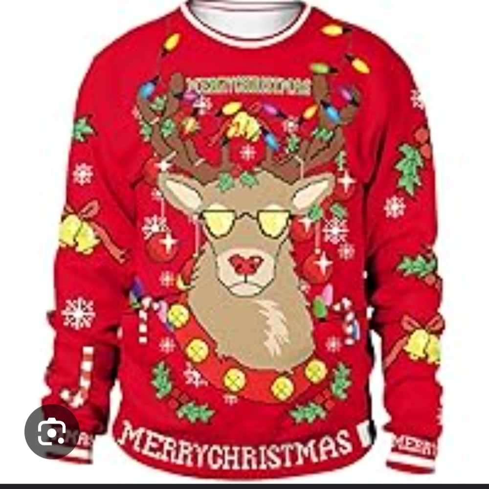 Unisex Size S  Ugly Christmas Red Reindeer. 100% Polyester. Colorful House.